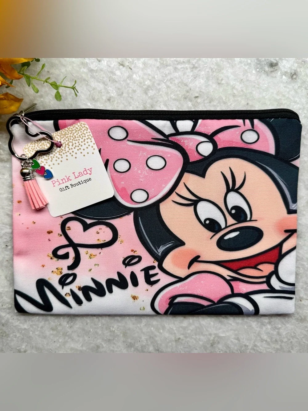 New Pink Minnie Mouse Makeup Charger Storage Zippered Pouch Bag w/ Charm - 9”